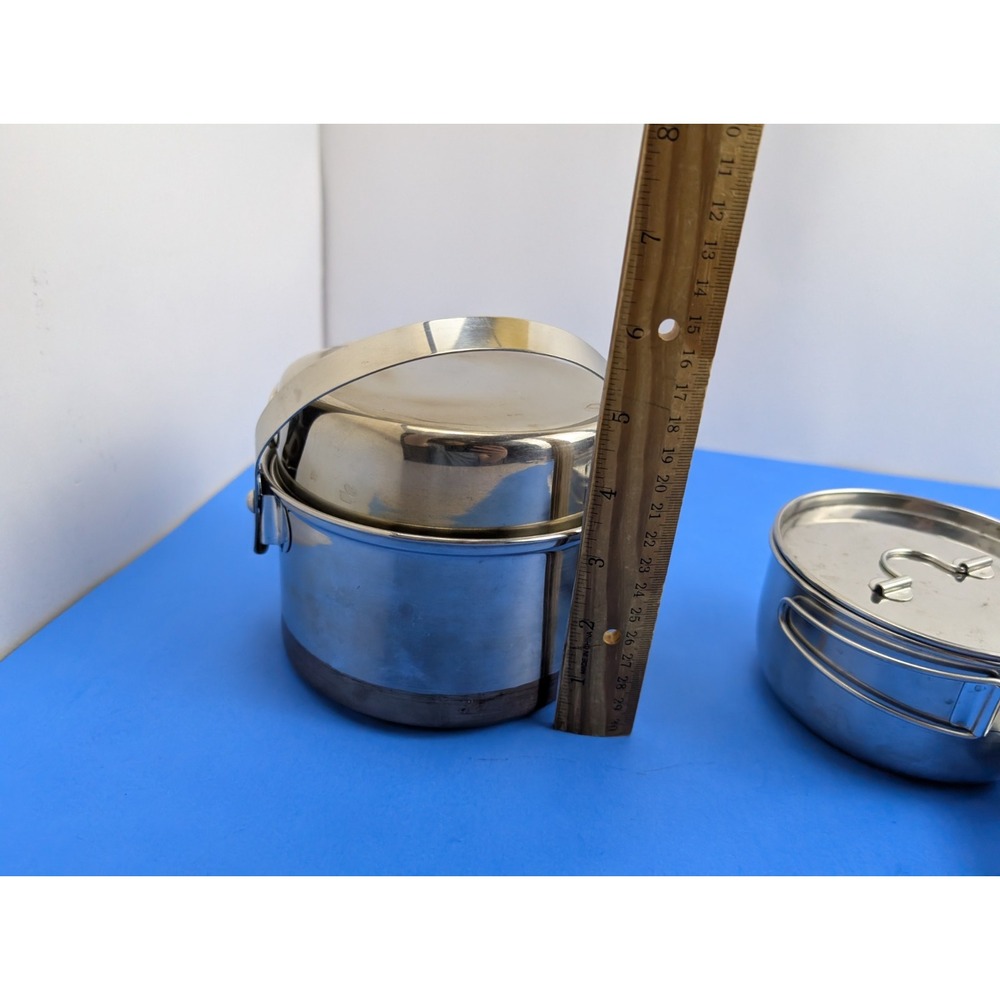 Vtg 3 Piece Camping Cook Set Coleman Peak 1 Stainless Steel Nesting Pots Pans - Picture 9 of 12